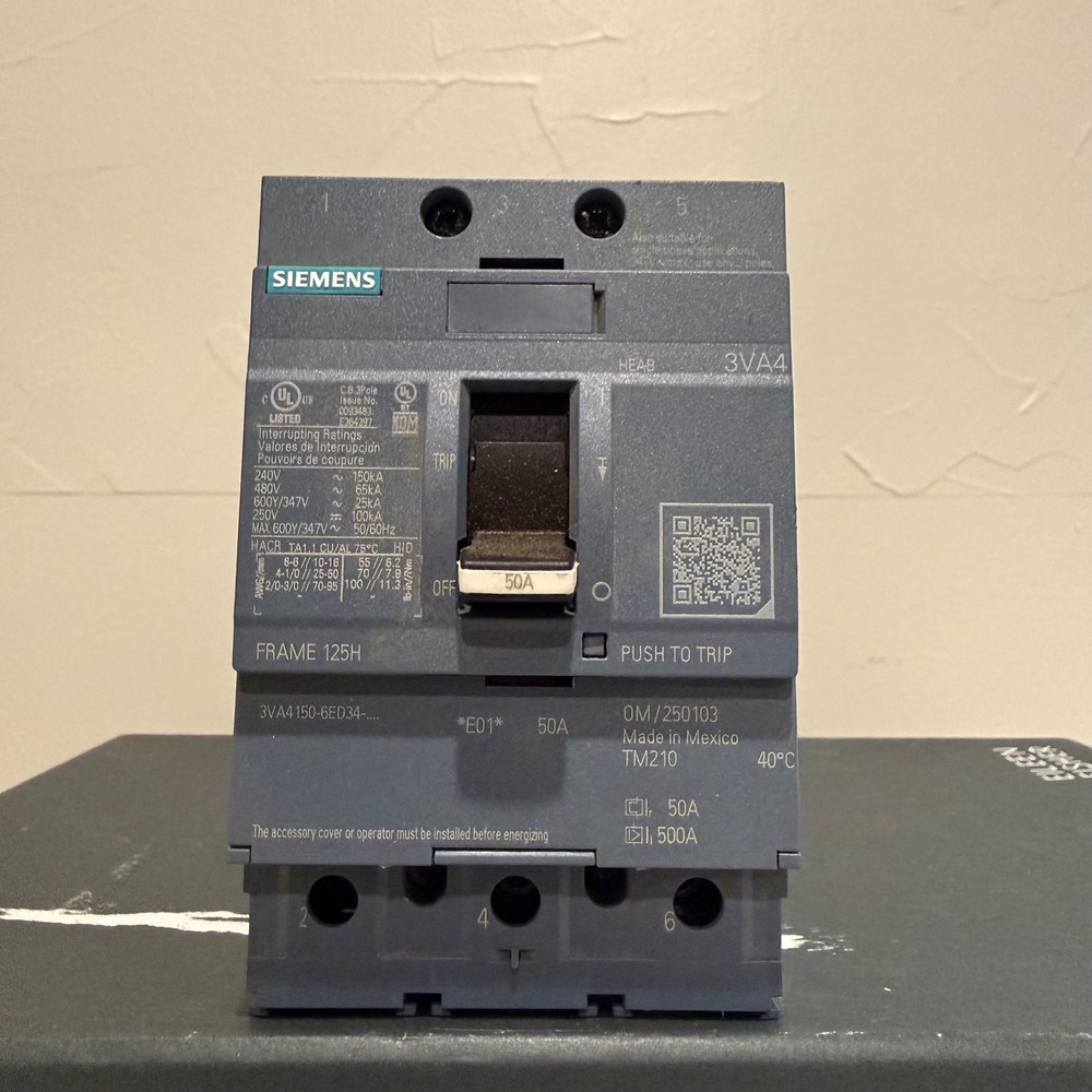 Siemens 3VA4150-6ED34 Circuit Breaker 3 Pole 50A 600V Excellent 125H Frame MCCB